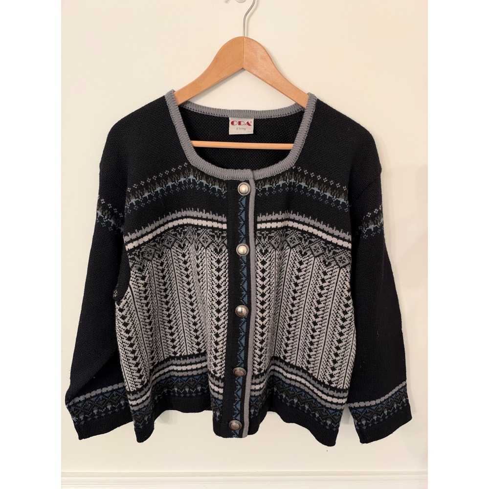 Norwegian 100% Wool Button Up Sweater Fair Isles Navy White Small Oda of Norway